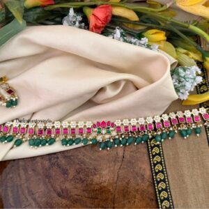 Jadau stones classic Lotus choker necklace set - Green drop beads