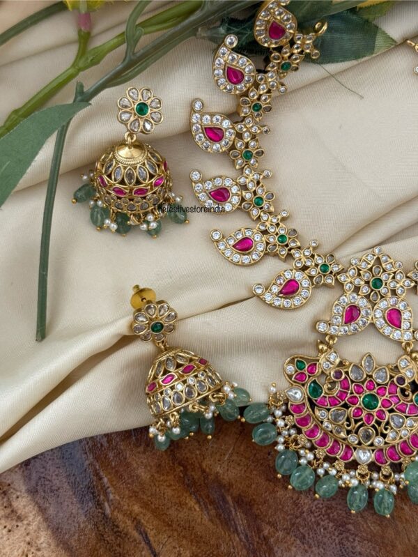 Classic bridal mango set with white, green & rubyrose stone with green drop beads
