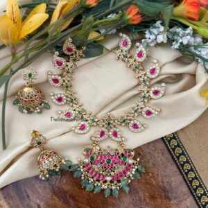Classic bridal mango set with white, green & rubyrose stone with green drop beads