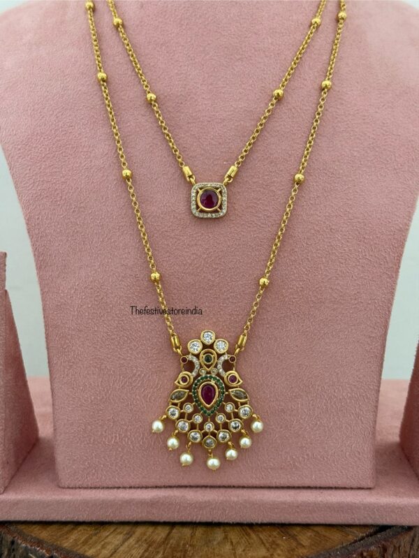 44cms multi color stone 2 layer gold look alike chain set