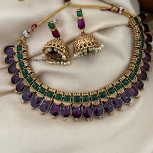 Enamel Palakka set with jhumkas - Purple Green