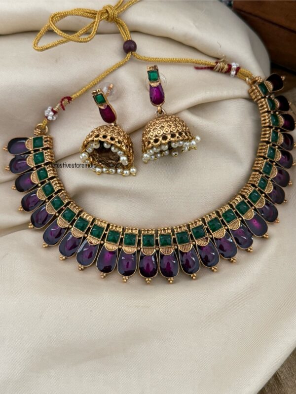 Enamel Palakka set with jhumkas - Purple Green