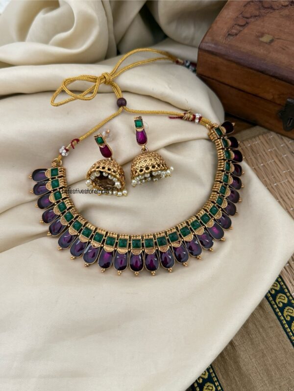 Enamel Palakka set with jhumkas - Purple Green