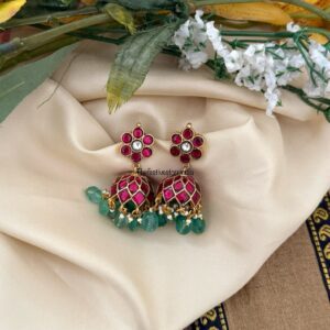 Classic Jadau screwback Red stone with Green drop beads Bridal jhumkas