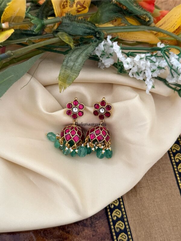 Classic Jadau screwback Red stone with Green drop beads Bridal jhumkas