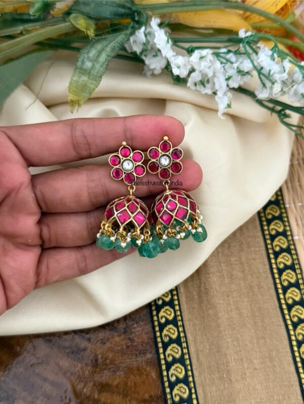 Classic Jadau screwback Red stone with Green drop beads Bridal jhumkas
