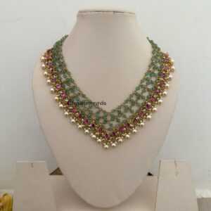 Close knit Jadau green beads with kemp stones & pearls hanging chain | Unique