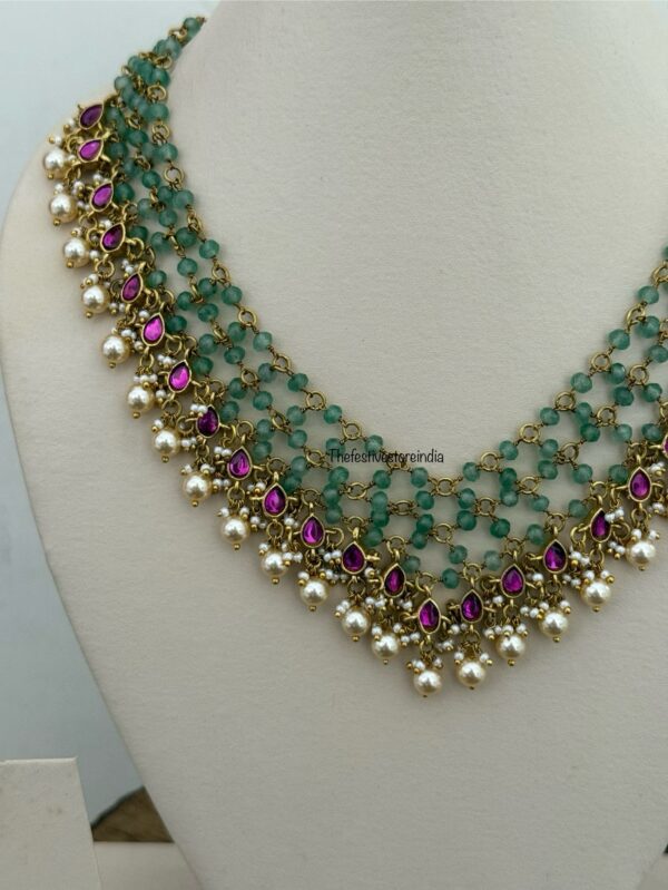 Close knit Jadau green beads with kemp stones & pearls hanging chain | Unique