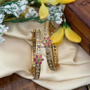 White blocks with flower motif bangles - Set of 2