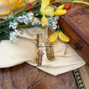 White blocks with flower motif bangles - Set of 2