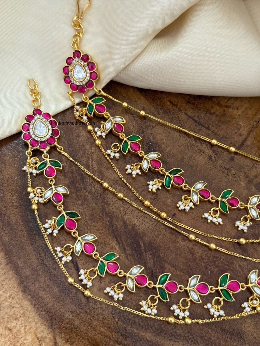 Jadau stones bridal 3 layer Maati | Earchain | Champasaralu