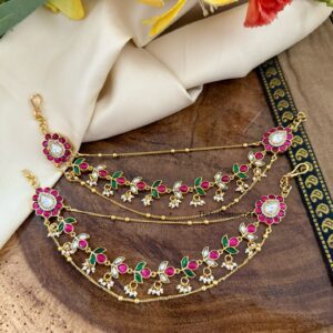 Jadau stones bridal 3 layer Maati | Earchain | Champasaralu