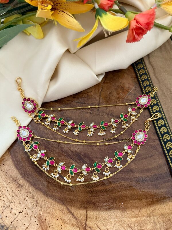 Jadau stones bridal 3 layer Maati | Earchain | Champasaralu