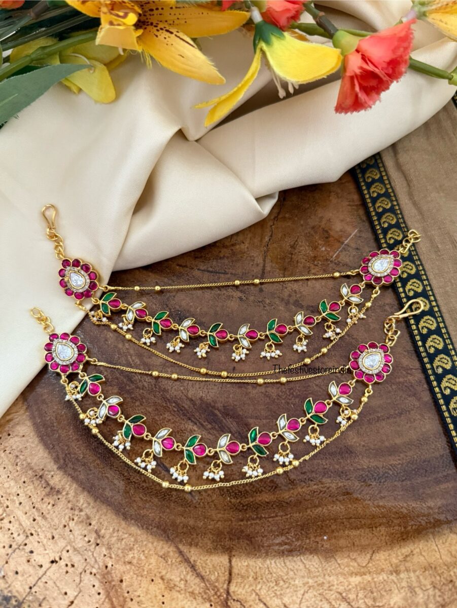 Jadau stones bridal 3 layer Maati | Earchain | Champasaralu