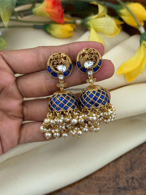 Screwback Jadau Navilu jhumkas - Blue | Bridesmaid | Bridal