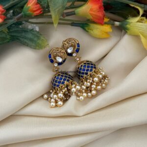 Screwback Jadau Navilu jhumkas - Blue | Bridesmaid | Bridal