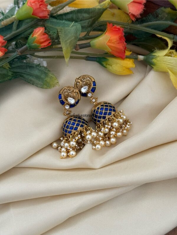 Screwback Jadau Navilu jhumkas - Blue | Bridesmaid | Bridal