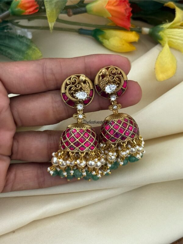 Screwback Jadau Navilu jhumkas - Red Green | Bridesmaid | Bridal