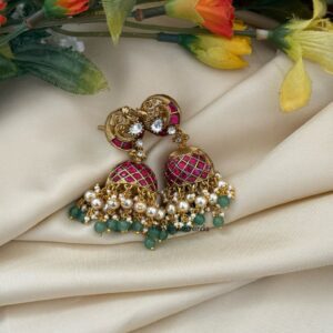 Screwback Jadau Navilu jhumkas - Red Green | Bridesmaid | Bridal