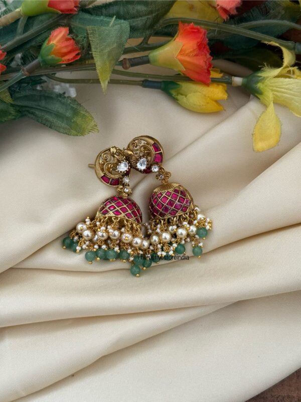 Screwback Jadau Navilu jhumkas - Red Green | Bridesmaid | Bridal