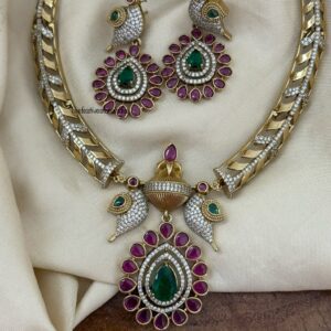 Unique Red / Green pendant and bird motif hasli set I Kanti | Indian jewellery