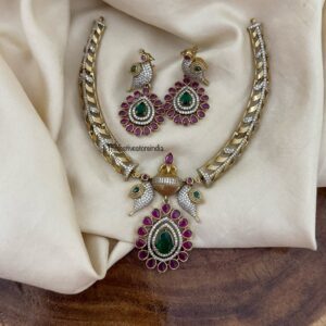 Unique Red / Green pendant and bird motif hasli set I Kanti | Indian jewellery