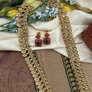 Kaasu Lakshmi Navilu Emerald stone pendant haaram set | Long chain