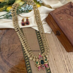 Kaasu Lakshmi Navilu Emerald stone pendant haaram set | Long chain