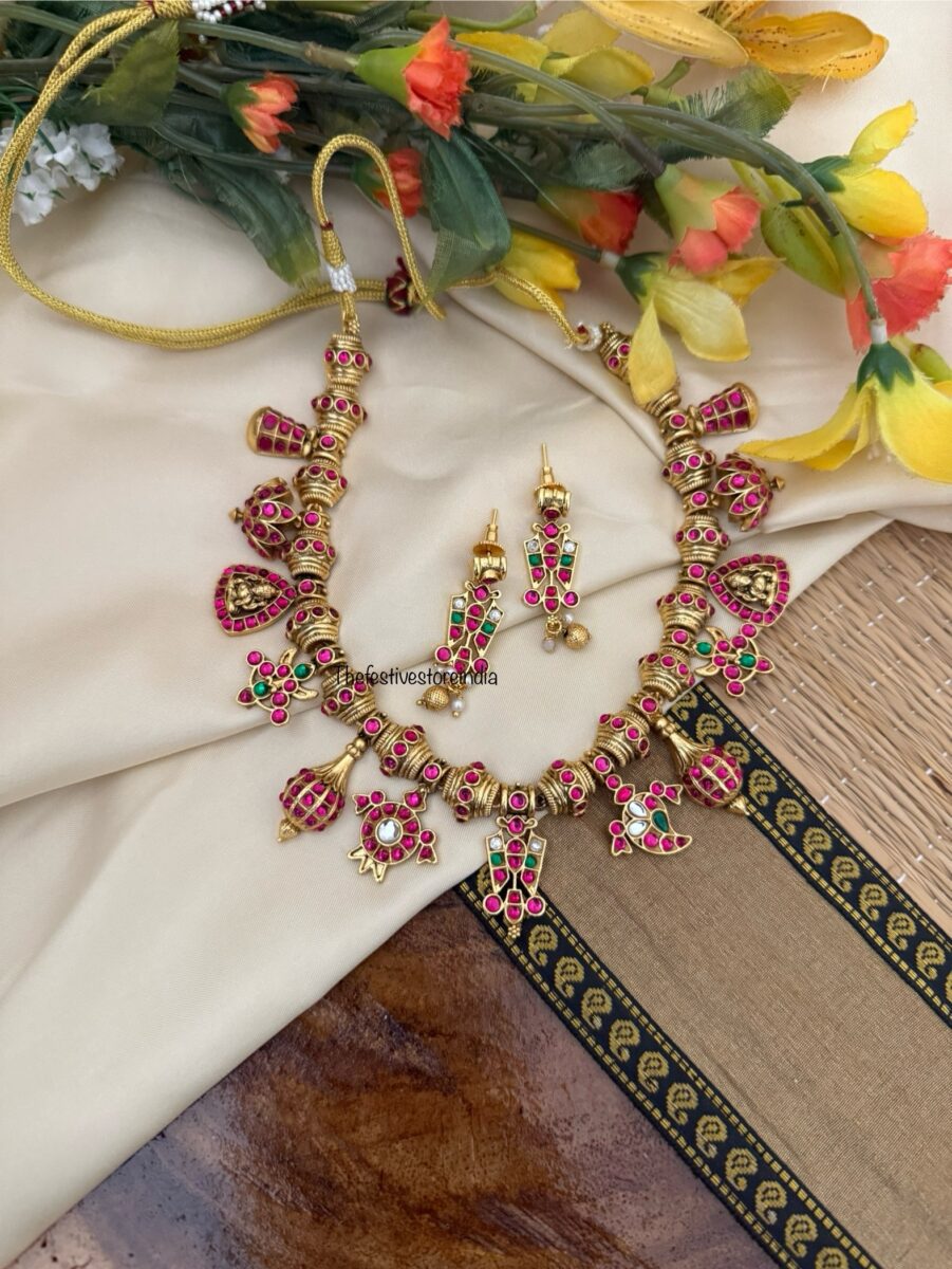 Jadau Rubyrose stones Shanku Chakra Namam necklace set | Bride