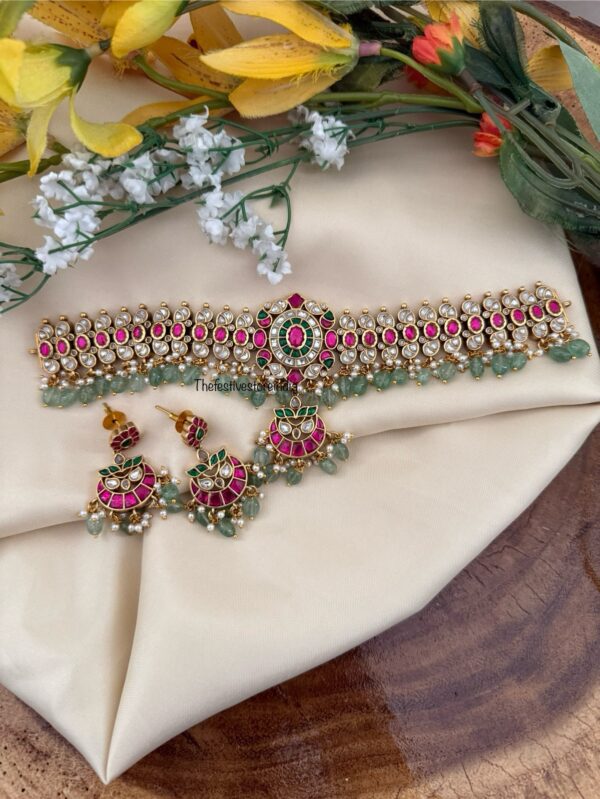 Classic Kundan Jadau green drop beads choker set