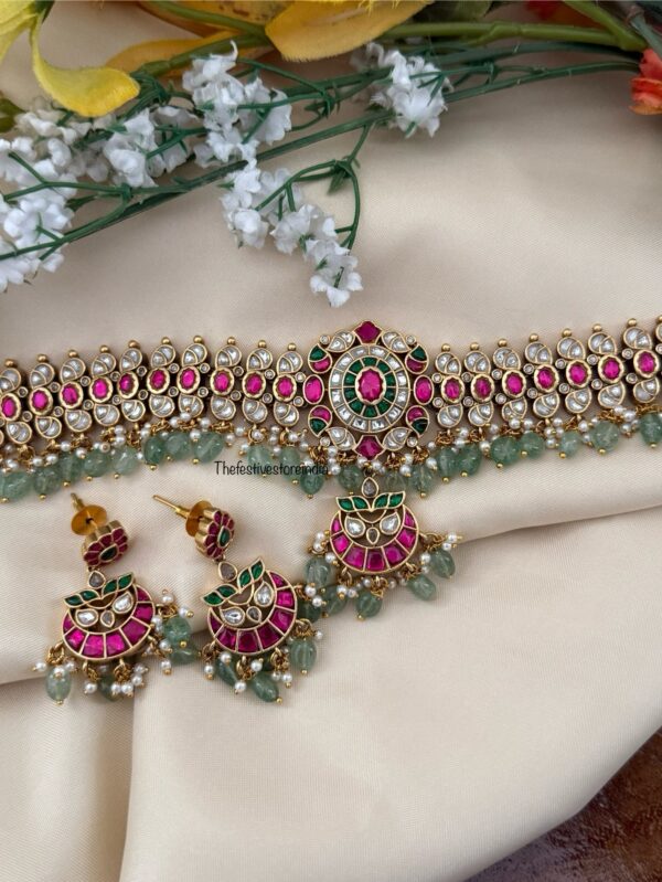 Classic Kundan Jadau green drop beads choker set