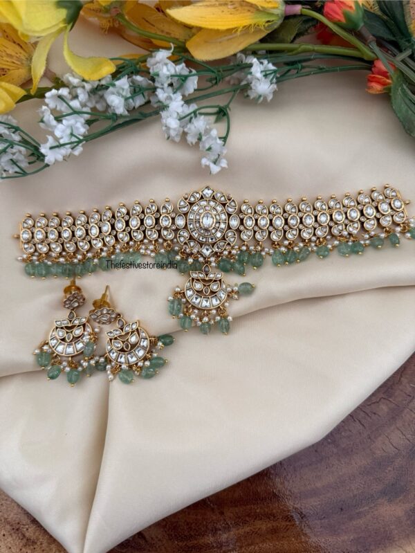 Classic White Kundan Jadau green drop beads choker set