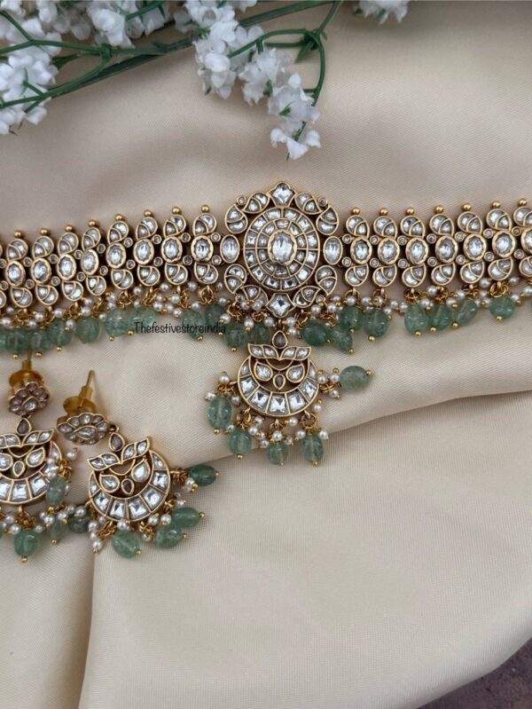 Classic White Kundan Jadau green drop beads choker set