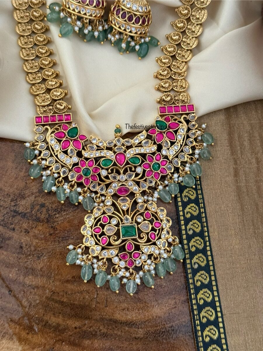 Grand Bridal kaasu Haaram set with jhumkas | Long chain