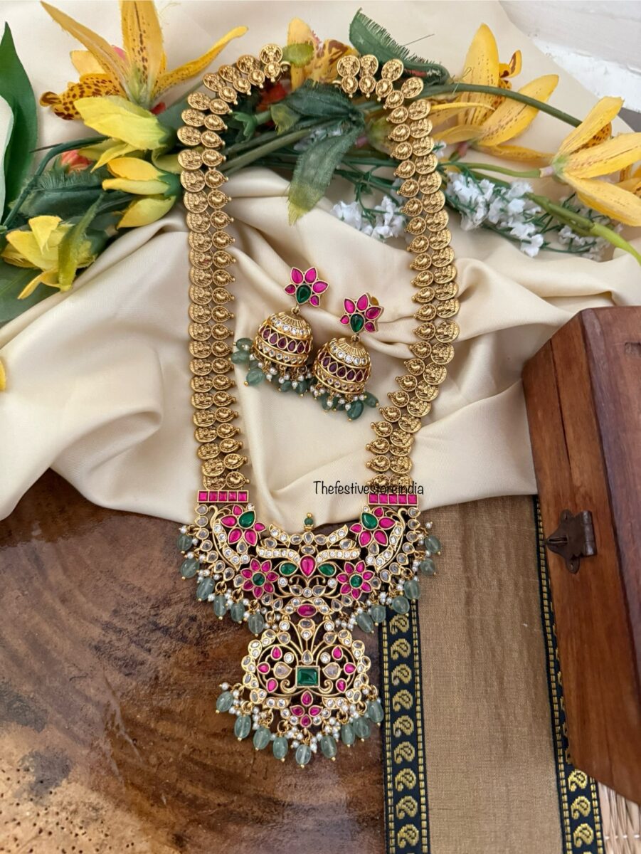 Grand Bridal kaasu Haaram set with jhumkas | Long chain