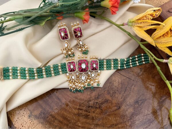 Classic green beads Jadau choker set