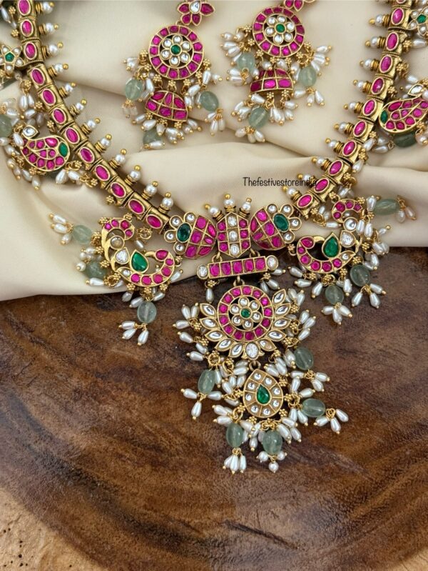 Traditional mid length rice pearls Jadau necklace set | Bride | Brass