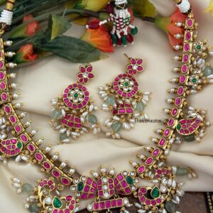 Traditional mid length rice pearls Jadau necklace set | Bride | Brass