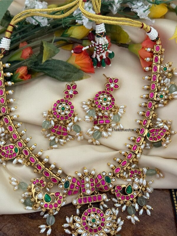 Traditional mid length rice pearls Jadau necklace set | Bride | Brass