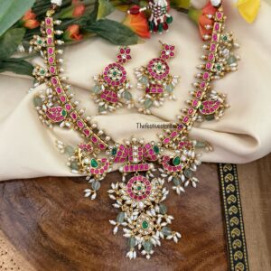 Traditional mid length rice pearls Jadau necklace set | Bride | Brass