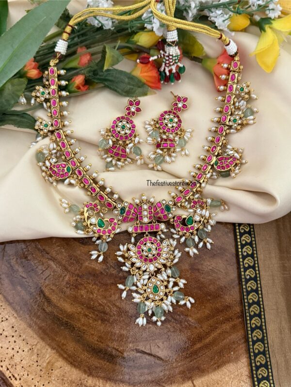 Traditional mid length rice pearls Jadau necklace set | Bride | Brass