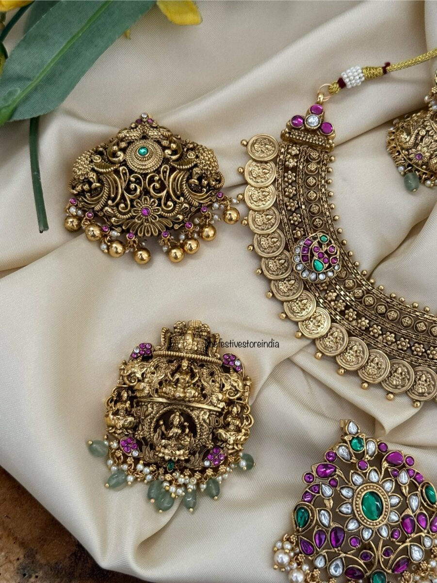 4 in 1 Lakshmi kaasu heavy necklace set with jhumkas