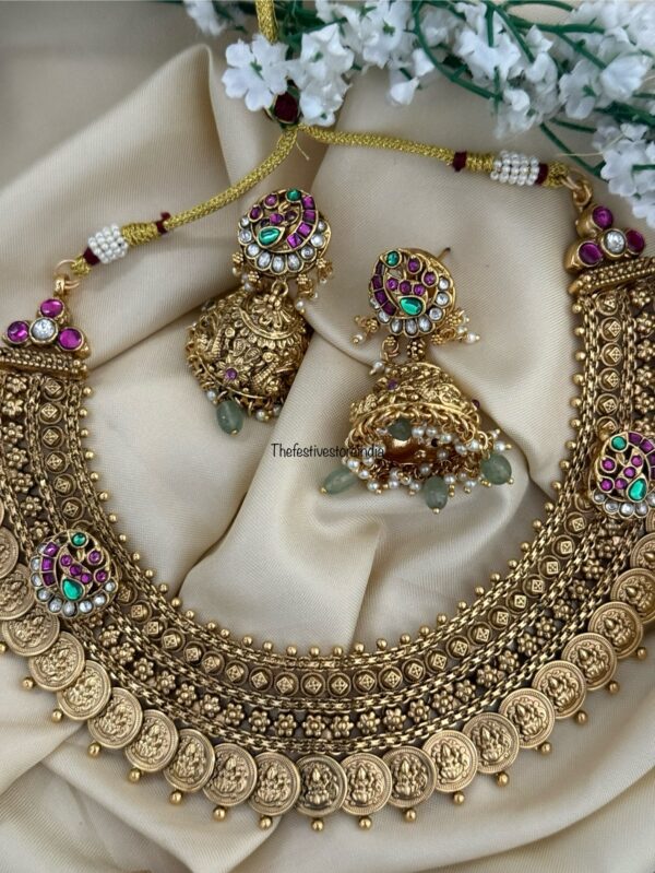 4 in 1 Lakshmi kaasu heavy necklace set with jhumkas
