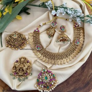 4 in 1 Lakshmi kaasu heavy necklace set with jhumkas
