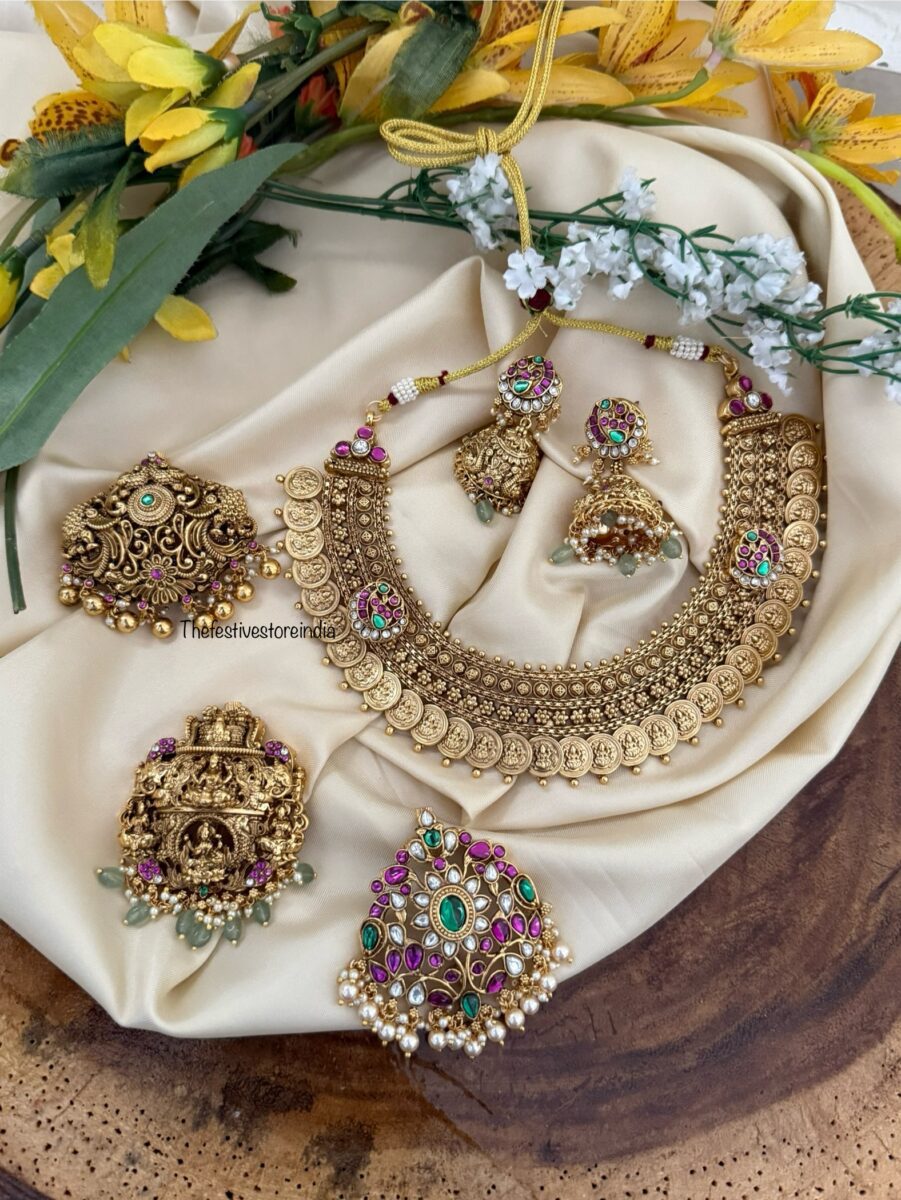 4 in 1 Lakshmi kaasu heavy necklace set with jhumkas