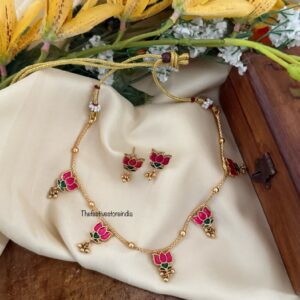 Enamel Lotus drops necklace set