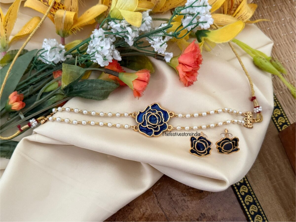 Enamel painted Blue ROSE choker set