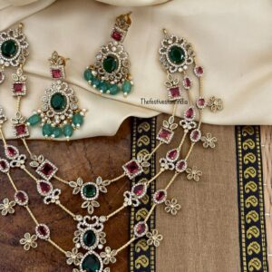 Unique 3 layer Victorian red green stone necklace set