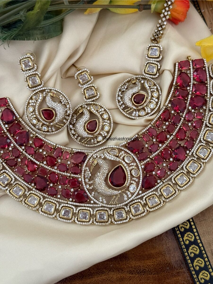 Prerana - Ruby peacock set with maangtikka