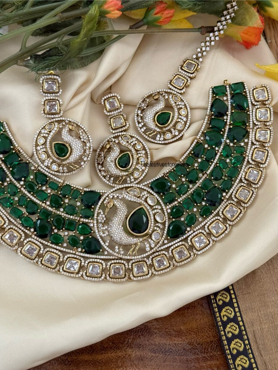 Prerana - Emerald peacock set with maangtikka